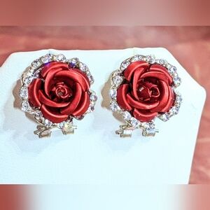Red Rose flower clip post omega pierced silver earrings crystals party evening